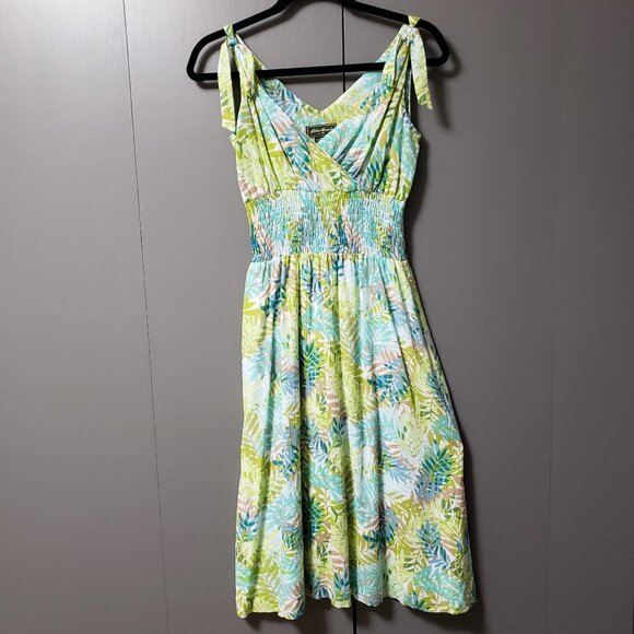 VTG Eddie Bauer 100% Cotton Smocked Waist Tropical Midi Sundress - Picture 2 of 8